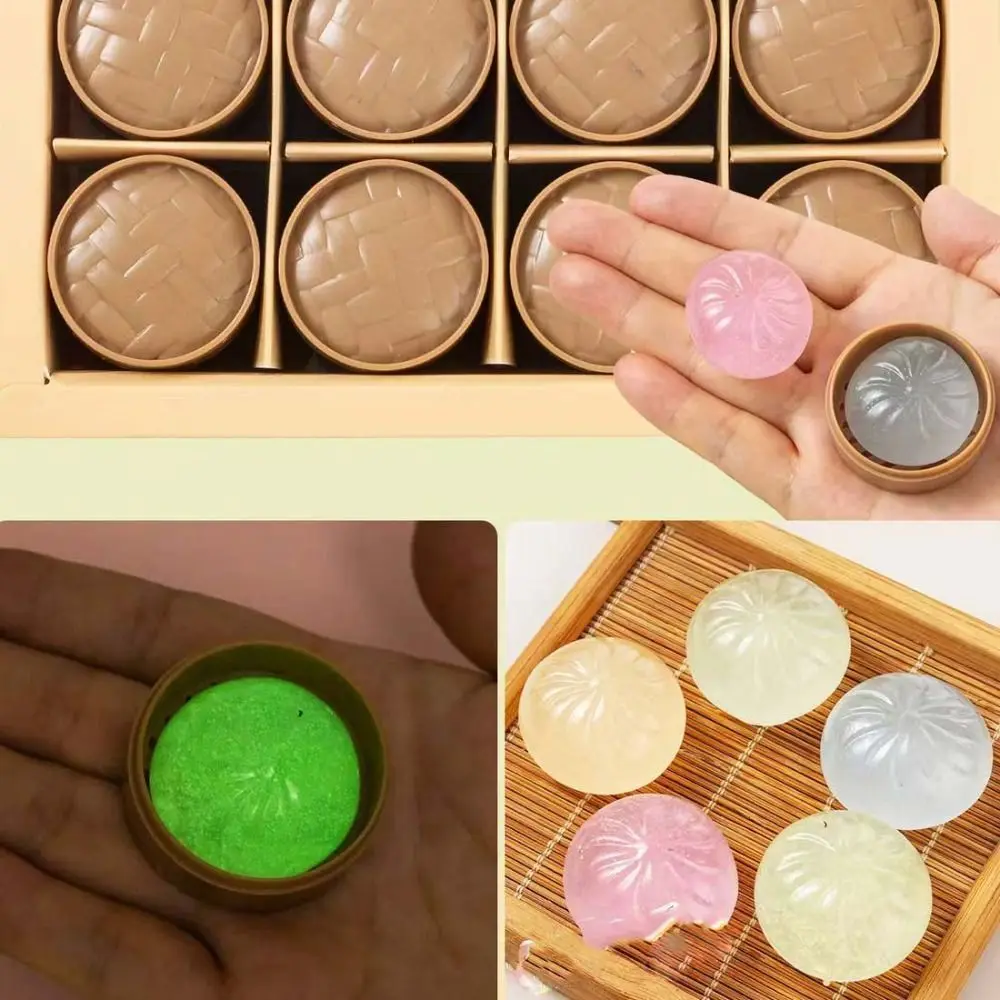 24pcs/set Soft Cute Mini Dumplings Squishy Food Shape With Steamer Squishy Crystal Bun Squeezable Pinch Fidget Sensory Toy