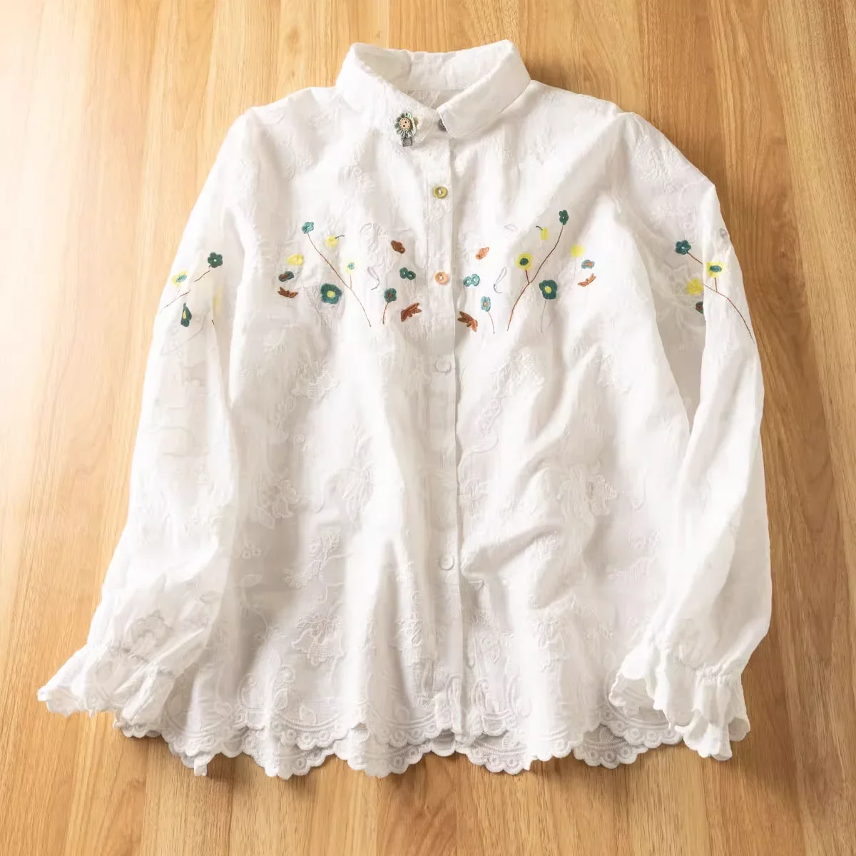 2025 Mori girl spring autumn white beige flower lace embroidery shirts and blouses 100% cotton boho chic clothes