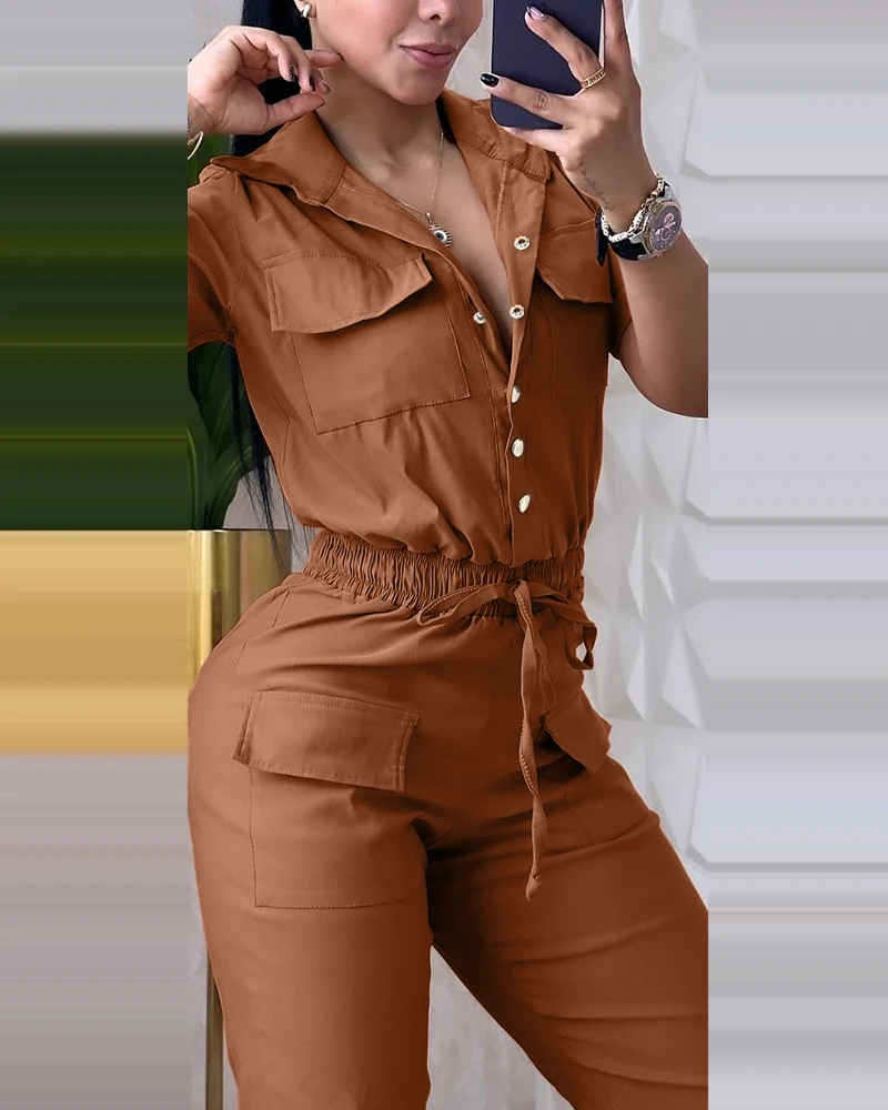 Solid Color High Waisted Workwear Jumpsuit with Collar Short Sleeved Shirt Pocket Design High Waisted Drawstring Leg Tied Pants