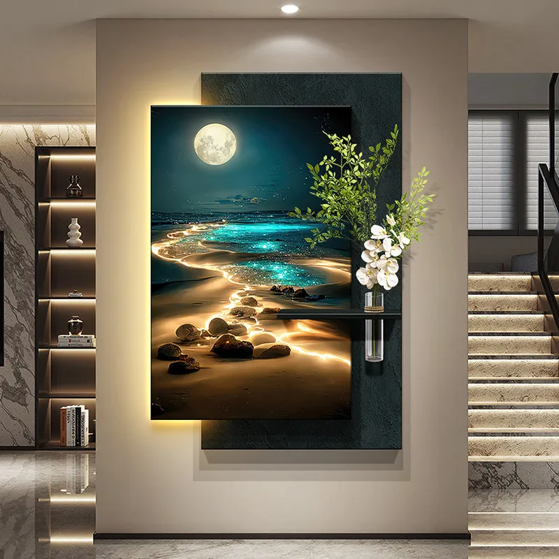 Ocean Beach Foyer Decoration Painting Led Light Strip Mural Corridor Hanging Mural Lamp Sandstone Decorative Lamp Painting