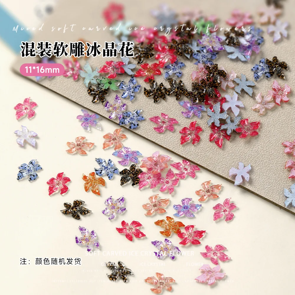 20pcs Cute 3D Nail Art Flower Nail Charms Parts Mixed Color Jelly Resin Lily Flower Ice Crystal Glitter Luxury Nails Decoration