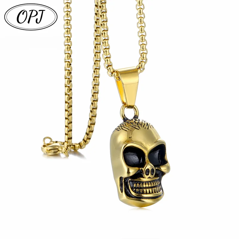 2025 Retro Hip Hop Punk Stainless Steel Skull Necklace Men's Rock Personality Long Pendant Necklace Boho Halloween Ornament