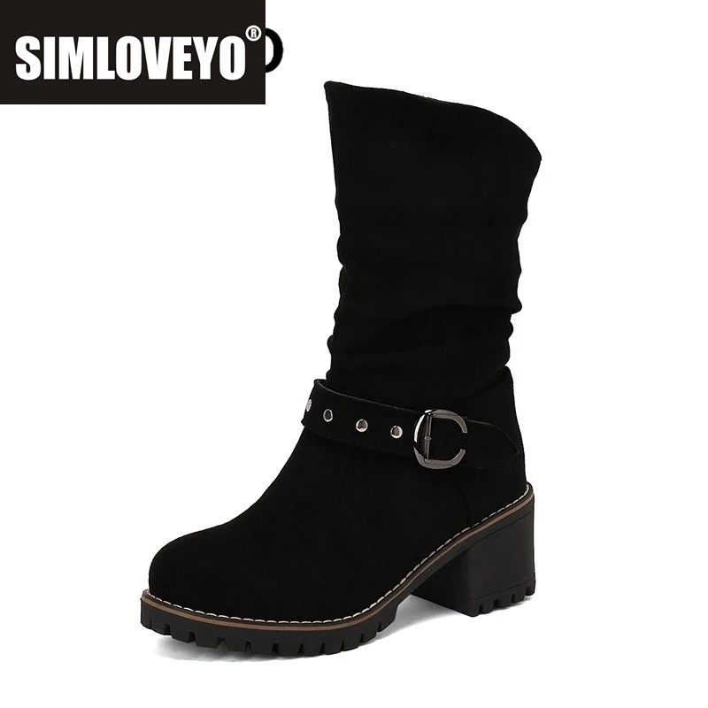 

SIMLOVEYO Замшевые женские сапоги до середины икры из флока с круглым носком на блочном каблуке 6,5 см, без шнуровки с пряжкой на ремне, большой размер 43 44 45 Элегантная повседневная обувь