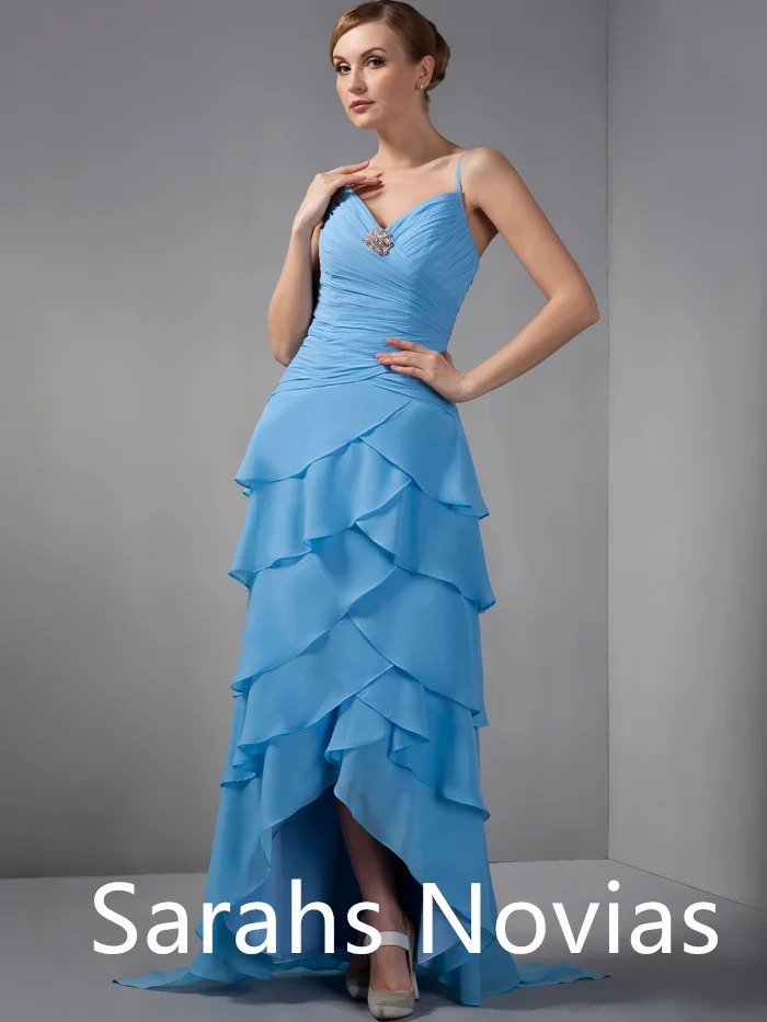 Vestidos de gasa para madre de la novia, chales fruncidos, ropa Formal de talla grande para boda, azul, alto, bajo, escalonado