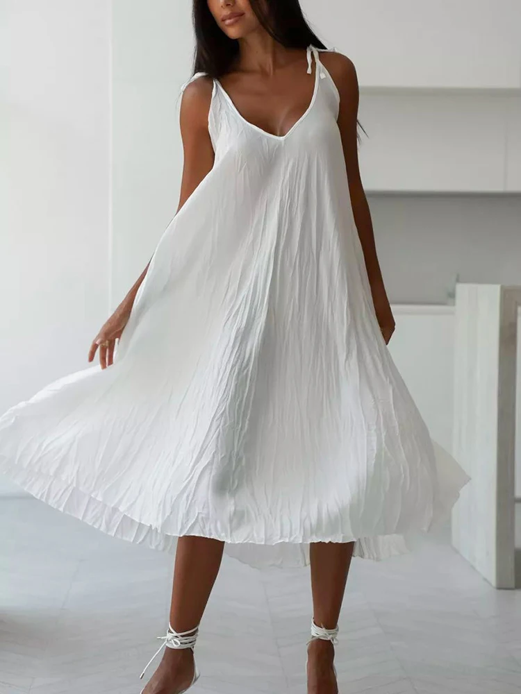 HiLoc Elegant Ruched White Nightdress Women 2024 Summer Spaghetti Strap Elastic Long Dresses Casual V-Neck Loose Nightie Female