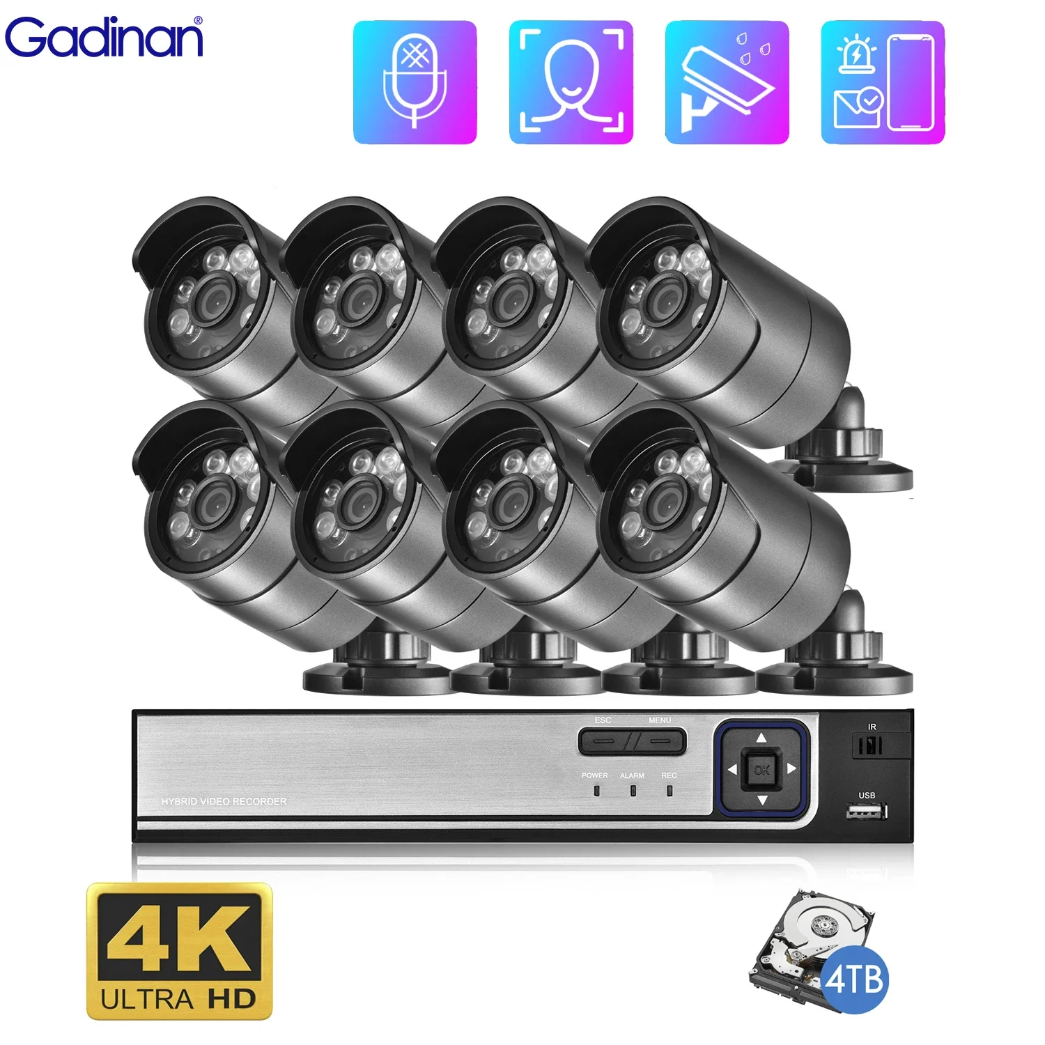 

Gadinan Ultra HD 4K 8CH POE IP Camera Security System Face Detection 5MP NVR Kit 8MP Outdoor Color Night CCTV Video Surveillance