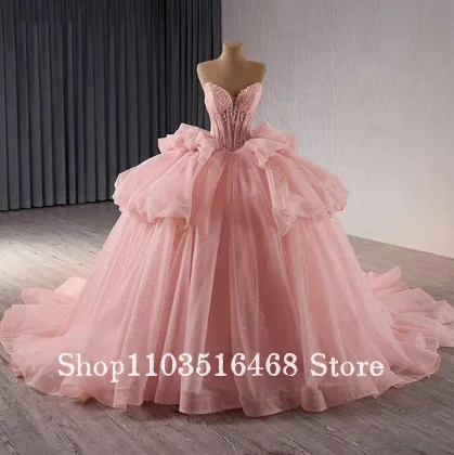 Lace Beaded Quinceanera Dresses Sleeves Ruffle Tulle Sweet Bow Layered Long Prom Dress Customised