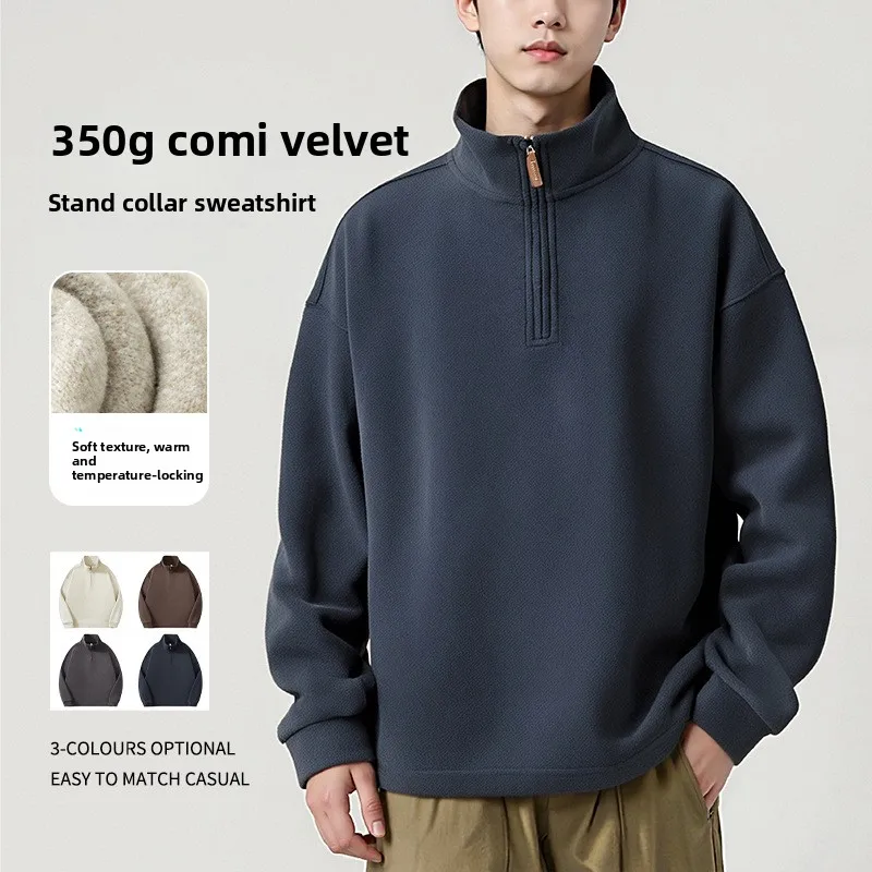 【Mirrordust】Men300gCotton Fleece نصف البريدي عالية الرقبة البلوز الخريف الشتاء سترة دافئة جديدة طويلة الأكمام تنوعا