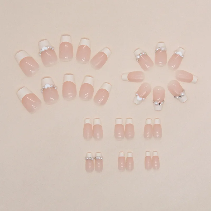 Uñas postizas coreanas para niñas, manicura acrílica de Punta francesa, color crema, Perla blanca, Ballet corto, 24 piezas