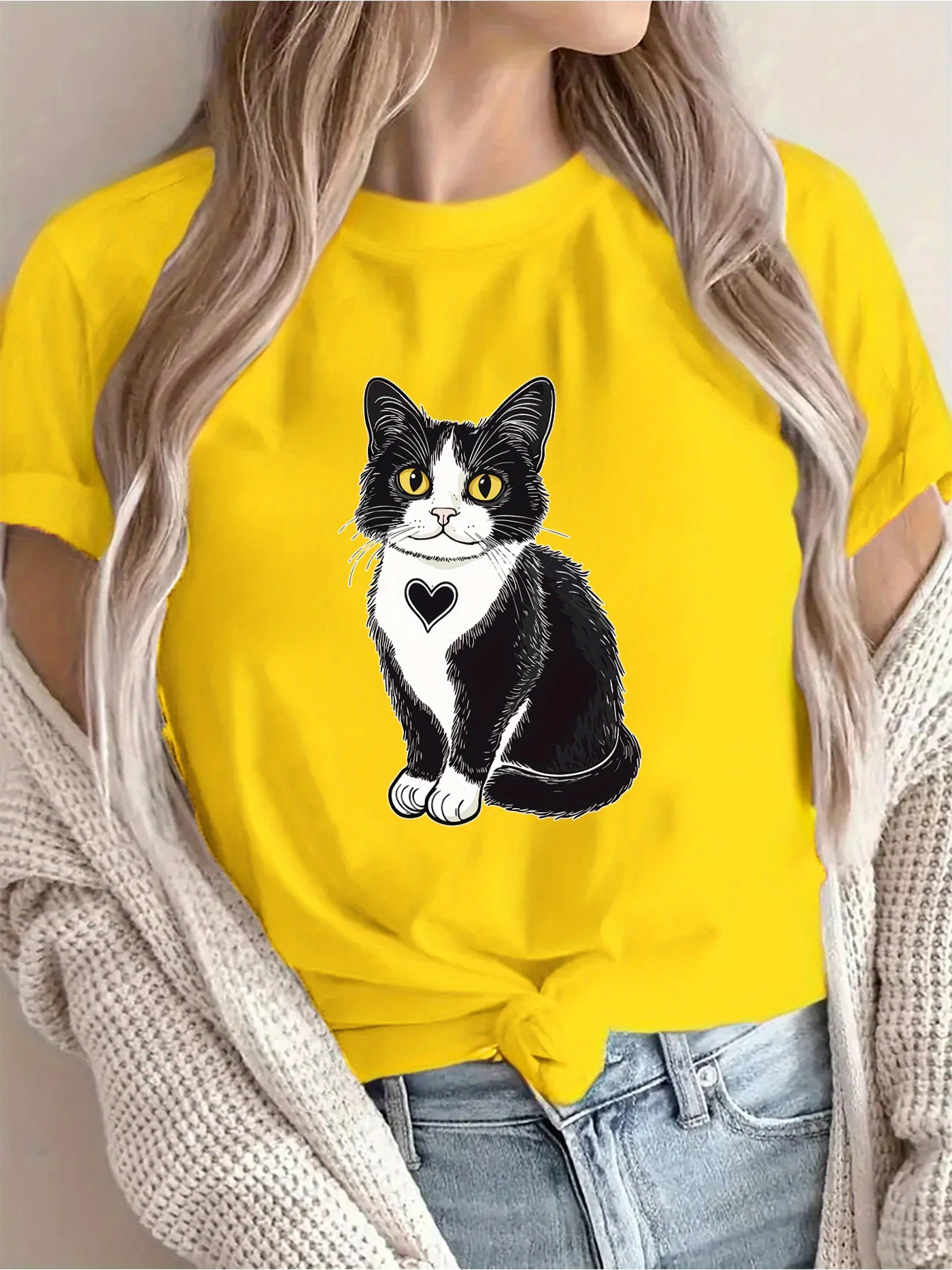 المرأة السوداء تي شيرت لطيف القط القلب تصميم عارضة قصيرة الأكمام جولة الرقبة الربيع والصيف لعوب القط القط عشاق الرسم الأعلى #3