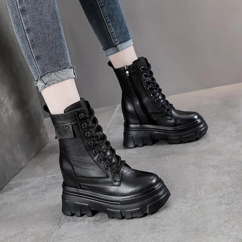 

Women's Boots Increased Height Inner Thick Bottomed Leather High Heels Cotton Boots Casual round Toe Zipper Closure