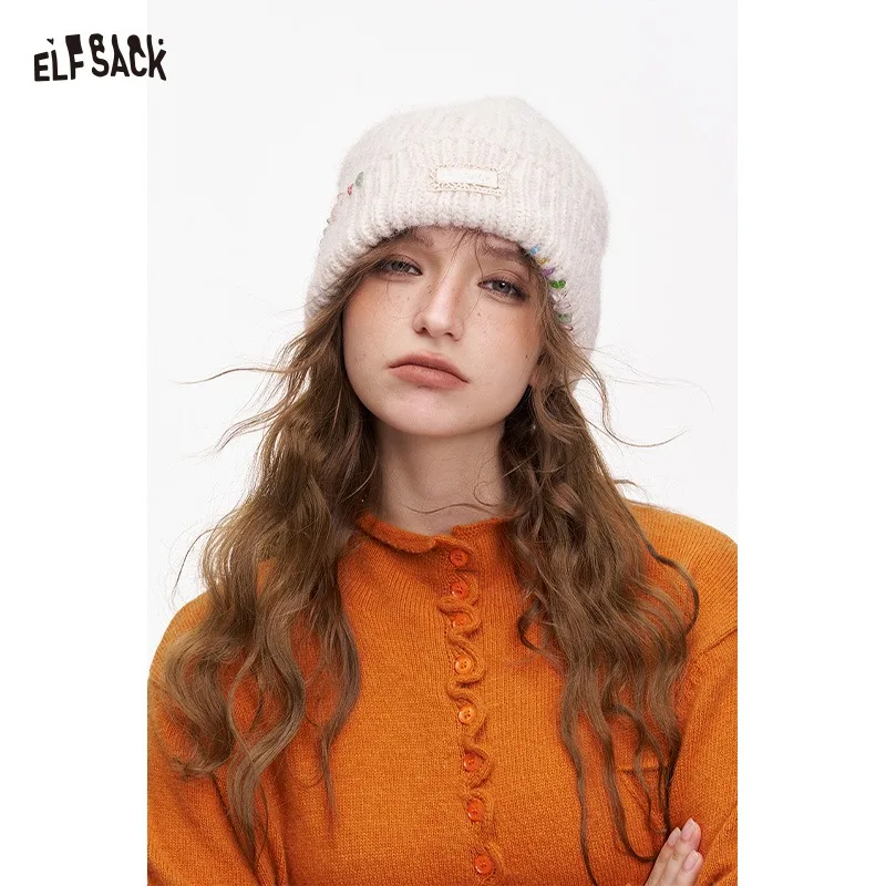 ELFSACK Y2K Casual Solid Color Stone Stacked Beanie For Women