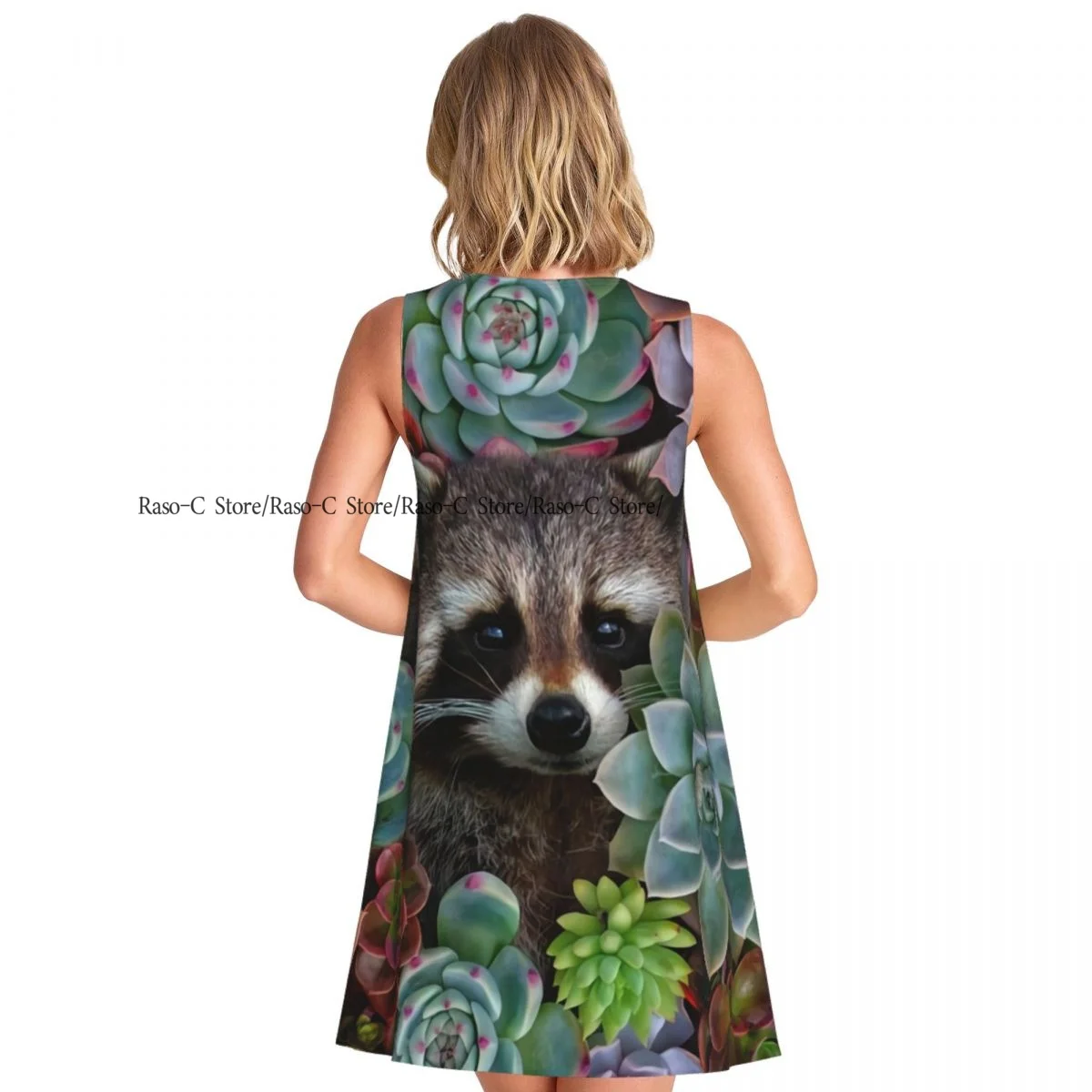 ชุดสตรีน่ารัก Raccoon ใน Succulents ฤดูร้อน Casual T เสื้อชายหาด COVER UP Tank Dress