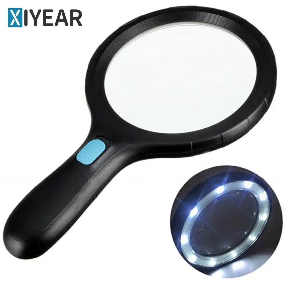 Hand-held magnifying glass 138mm large size hand-held 12 LED lamp anti-slip handle double magnifying glass, suitable for reading