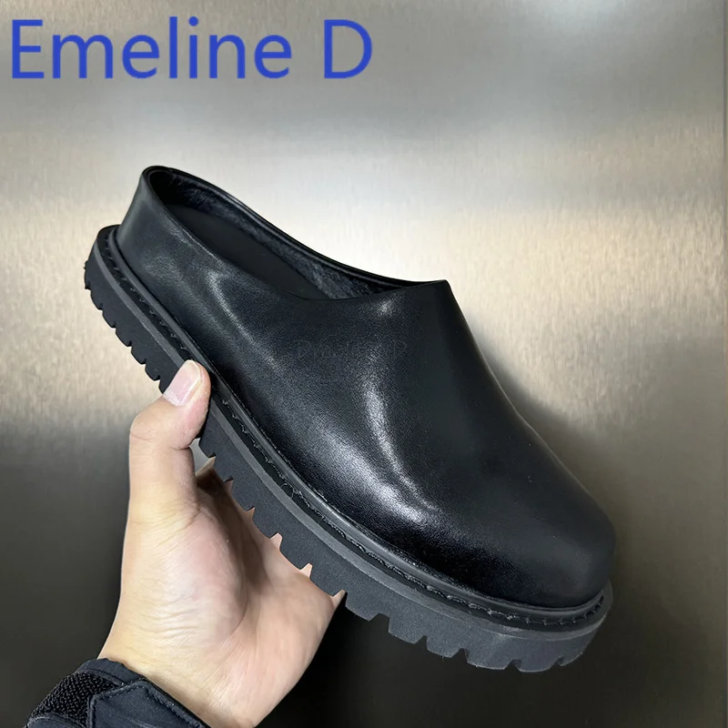 Black Big Toe Muller Shoes Minimalist Style Slip On Slippers Men's Thick Soled Leather Casual Comfortable External Wear Slippers