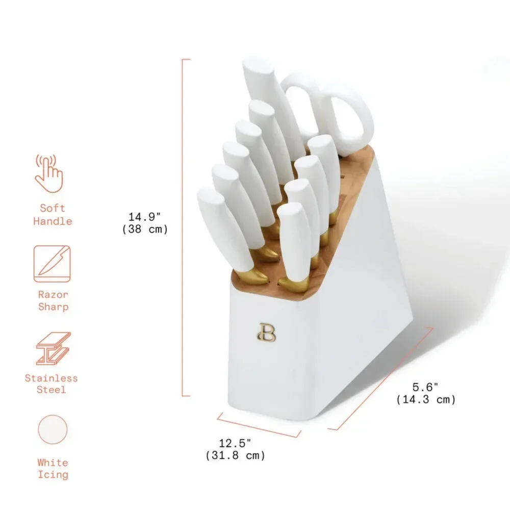 Beautiful 12 Piece Knife Block Set with Soft-Grip Ergonomic Handles White and Gold by Drew Barrymore