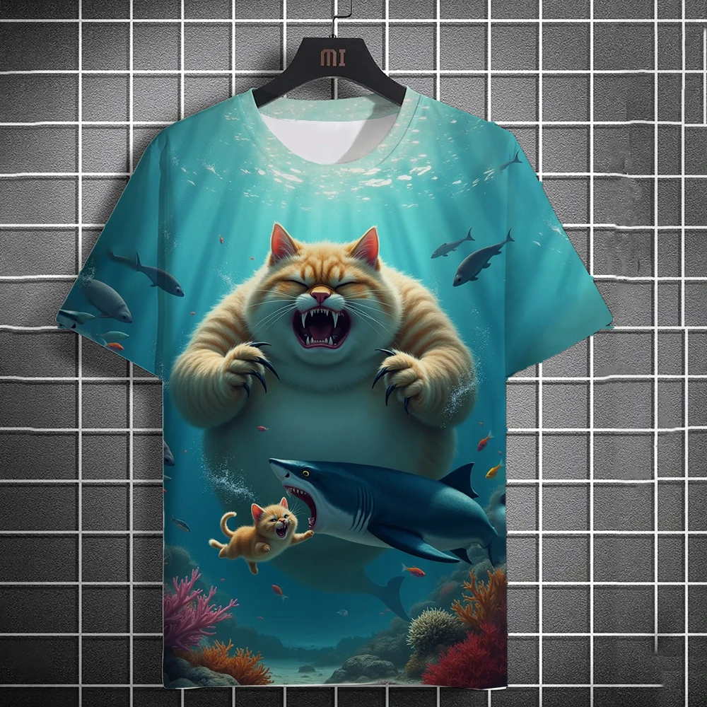 Men's Orange Cat Ai T-shirt 3D Printed Beach Catching Fish Kitten Printed Short Sleeve T-shirt Daily Casual Round Neck T-shirt