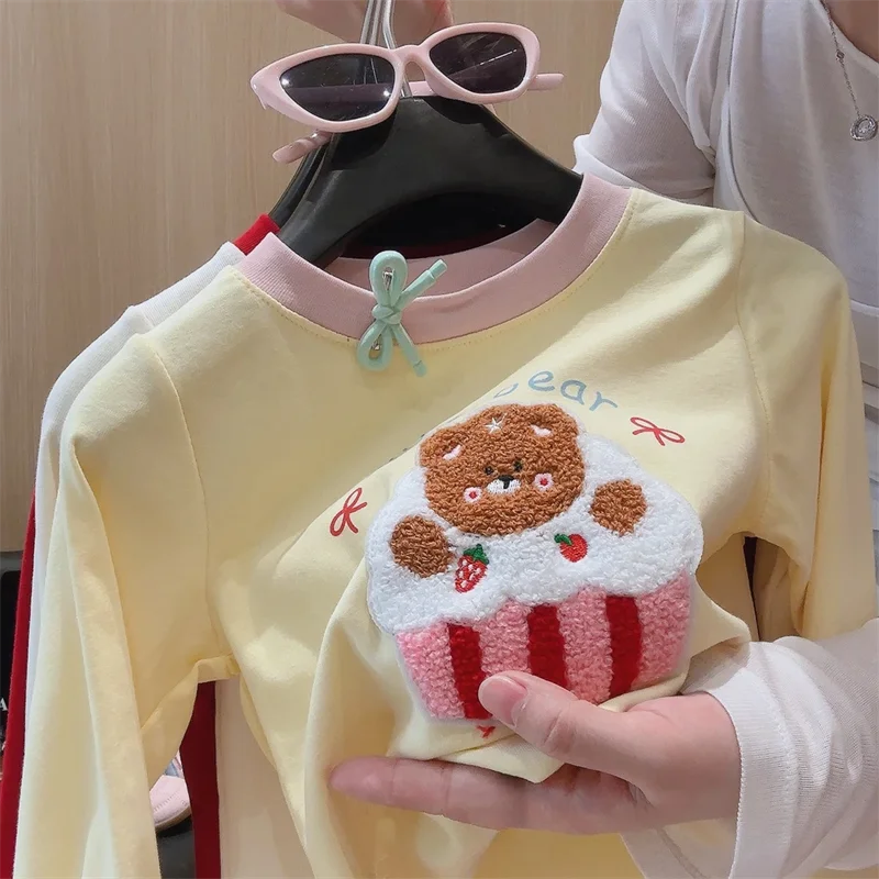 Langarm-T-Shirt für Kleinkinder, Mädchen, Herbst, süße Cartoon-Bären-Oberteile für Kinder, weiches Baumwoll-T-Shirt, lässige Basic-Shirts für Babys. – Detail 3