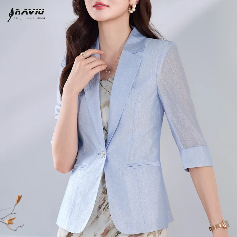 

NAVIU Blue Women Blazer 2026 New Elegant Thin Summer Half Sleeve Slim Jacket Office Ladies Work Coat Tops White