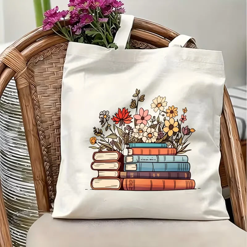 

Stacked Vintage Books Wild Mixed Flower Print Canvas Tote Bag Reusable Shoulder Handbag Book Lover Reading Pattern Shopping Bag
