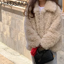 2024 Winter Korean Chic Plush Jackets Women Turn-down Collar Long Sleeve Loose Warm Eco-fur Coat Lady All-match Warm Outwears