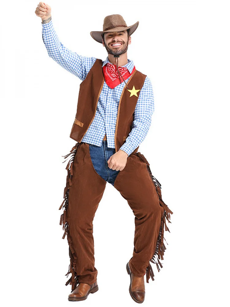 

Взрослый Техасский ковбойский наряд в стиле вестерн, костюм на Хэллоуин, Cany Year End Exhibition Par Pioneer, одежда для выступлений, полиэстер