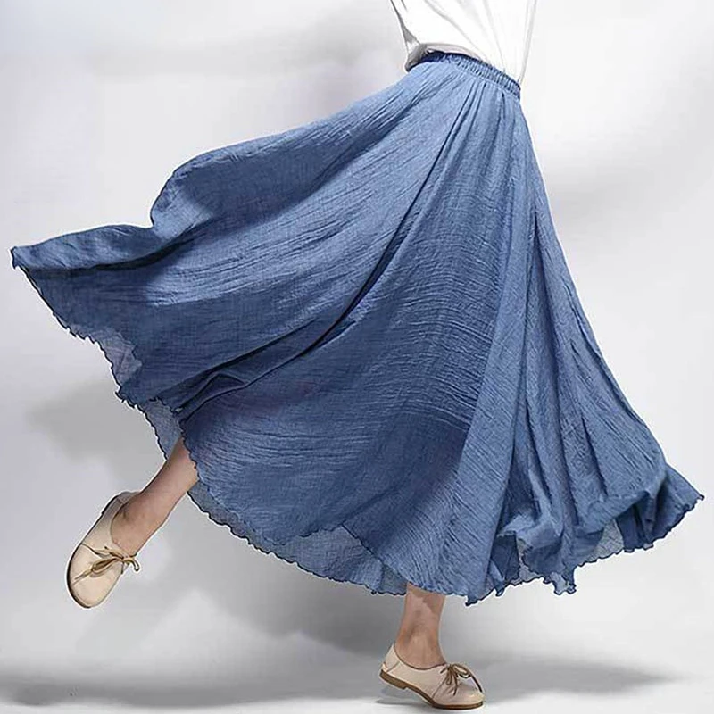 Ladies Elegant High Waist Linen Long Skirt A Subskirt Large Swing Skirt Ladies Casual Elastic Waist 2 Layer Skirt 20 Colors 2022