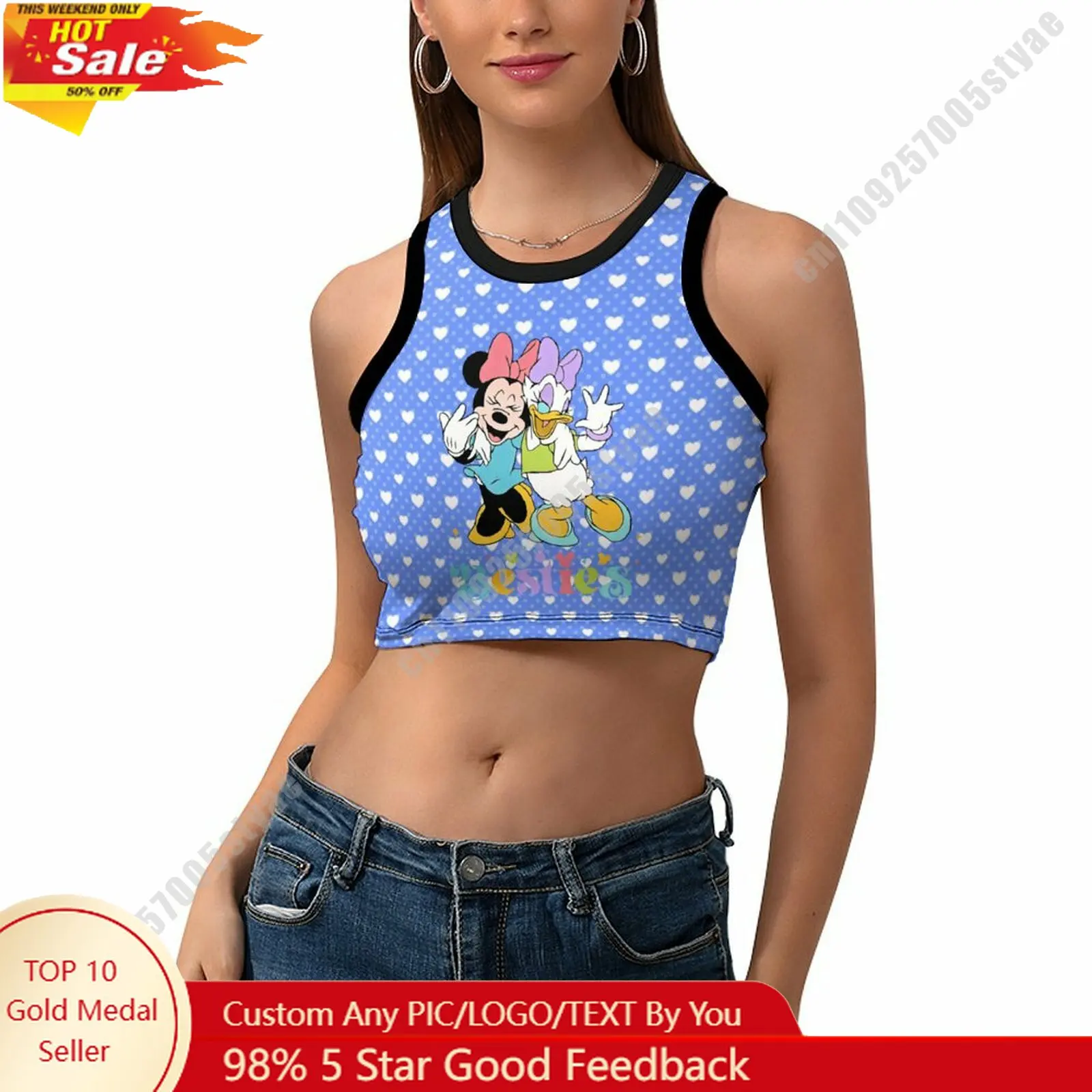 

Minnie Mouse Daisy Duck Vest Disney Pattern Custom Photo Text Crop Tank Racerback Vest Personalized Graphic Sleeveless Crop Top