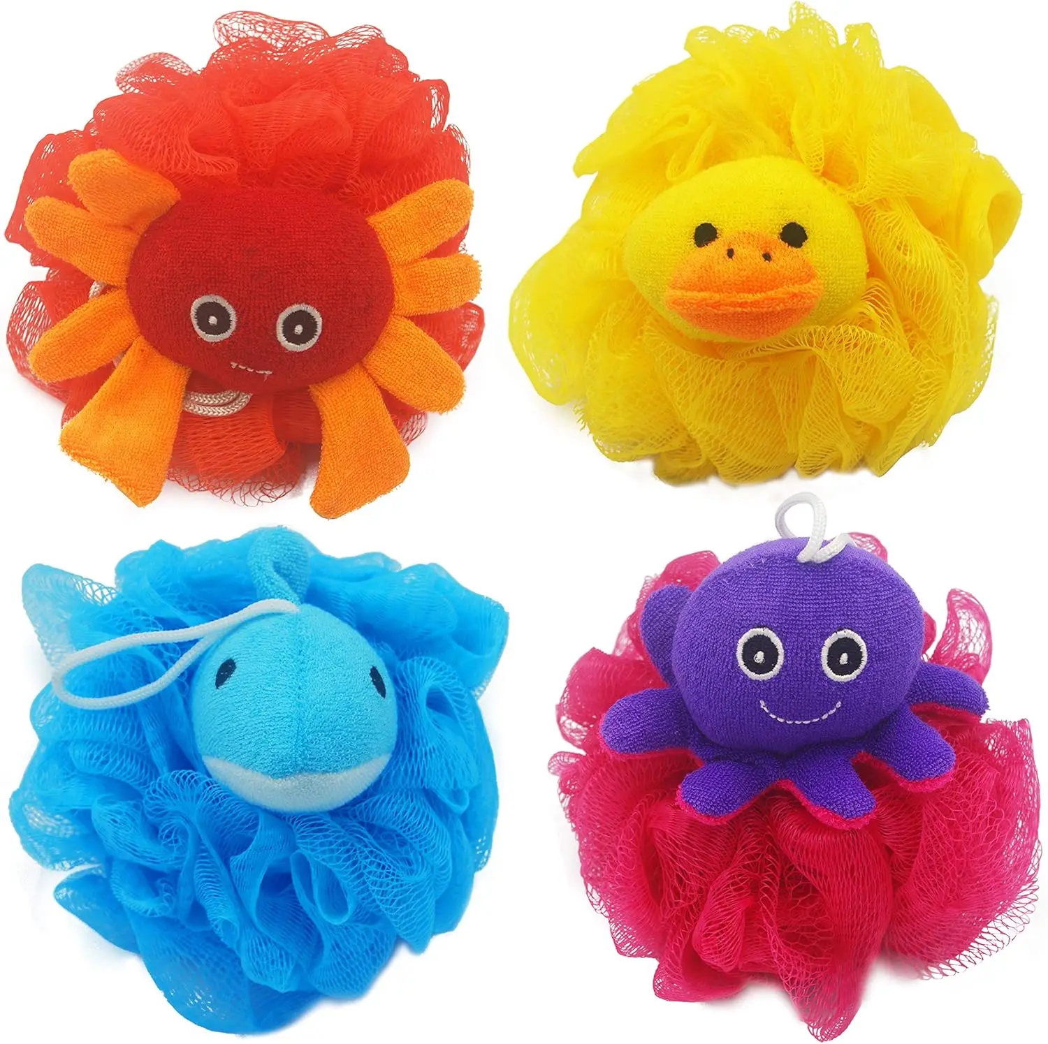 

4-Pack Colorful Animal Kids Bath Scrubbers, Gentle Exfoliating Sponge for Baby Toddler Shower