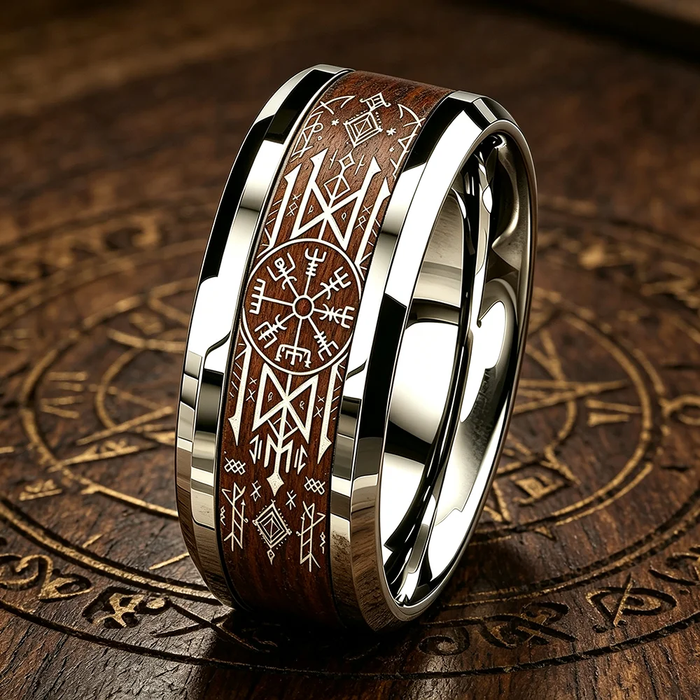 Viking Compass Vegvisir Ring With Wood Inlay Vintage Nordic Viking Rune Stainless Steel Rings For Men Women Amulet Jewelry Gifts
