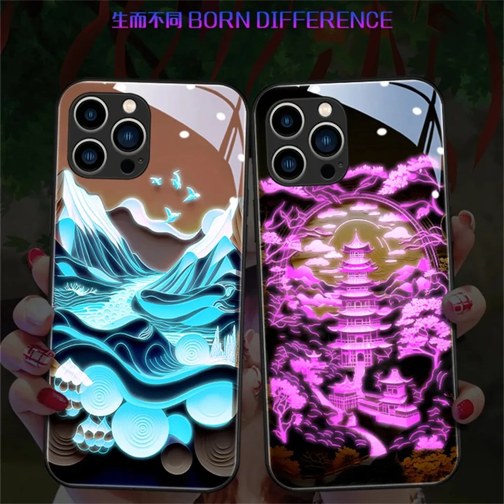 

Old Landscape Painting Smart LED Light Up Glow Glass Phone Case For iPhone 15 14 13 12 11 Pro Max X XR XS 6 7 8 Plus SE2020