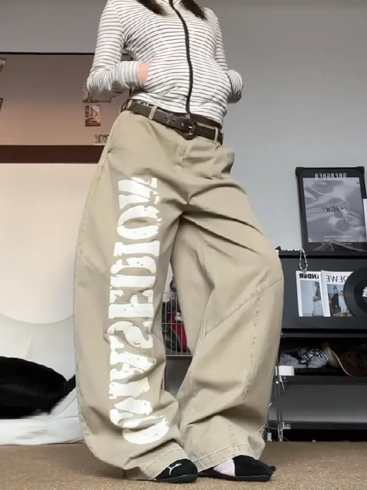 American Retro Khaki Letter Print Wide Leg Jeans Women's Autumn Winter Loose Slimming Loose Fit Floor Length Pants