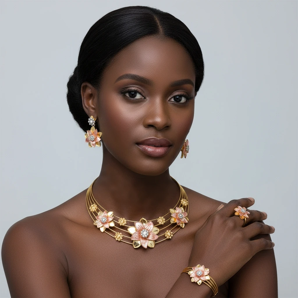 

ESALE High Quality Jewelry Set For Women Gold Plated Necklace Earring Bracelet And Ring Dubai Nigeria Trending Wedding Party Gif