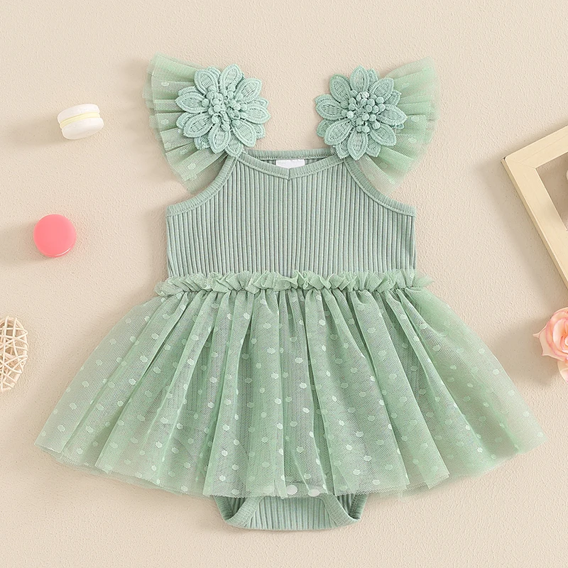 0-18 Months Toddler Infant Baby Girl Summer Romper Dress Sleeveless 3D Flower Embroidery Ruffled Polka Dot Birthday Tutu Dress