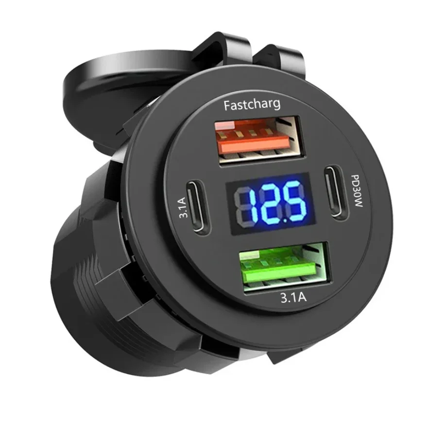

Car Charger Socket Dual Type-C & Dual USB 4Ports Fast Charging Socket Waterproof with Voltmeter 12V/24V For Car Boat Motorcycle