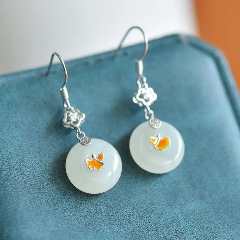 Genuine China Nephrite Stone White Hetian Jade 925 Silver Donut Dangle Earrings Women Certified Jewelry Girlfriend Elegant Gifts