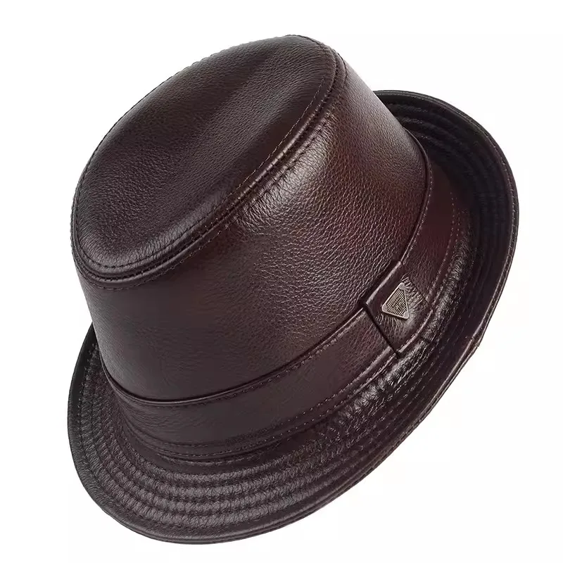 New 2024 Man High Quality Genuine Leather Jazz Fedora Gentleman CowSkin Short Brim Black/Brown Fitted Top Hat Male Shows