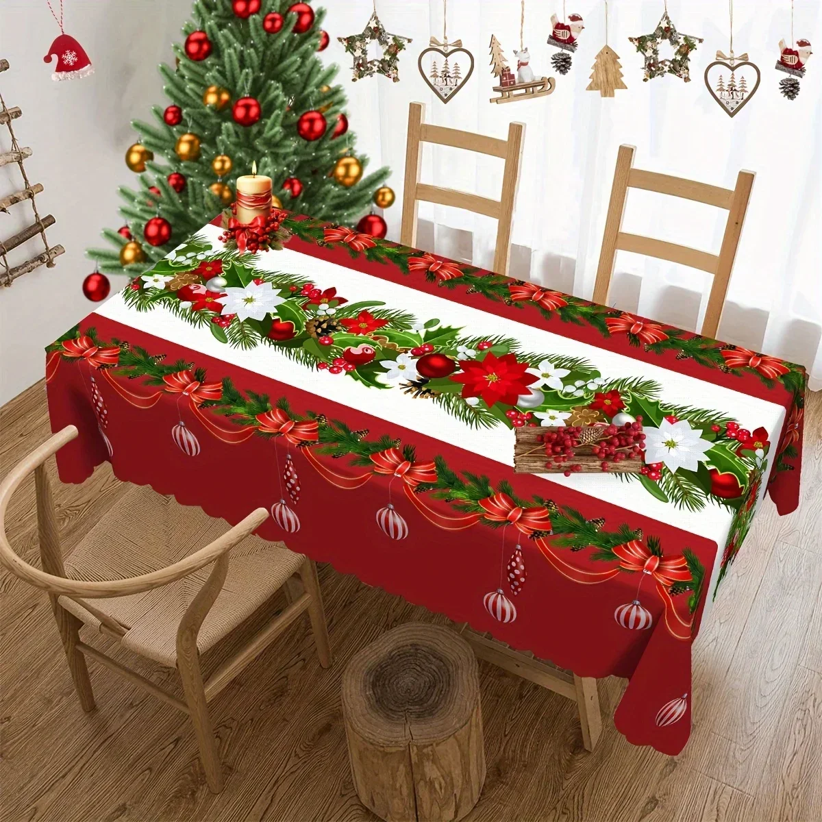 Christmas Pine Needle Bells Rectangle Tablecloth Holiday Party Decor Reusable Waterproof Dining Tablecloth Christmas Decorations