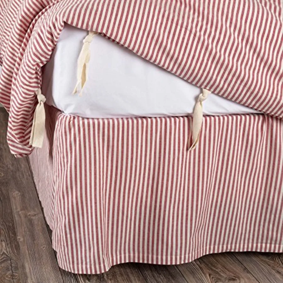 

Farmhouse Tic Stripe Red 78" x80", w/ 16" Drop, Tailored Dust Ruffle