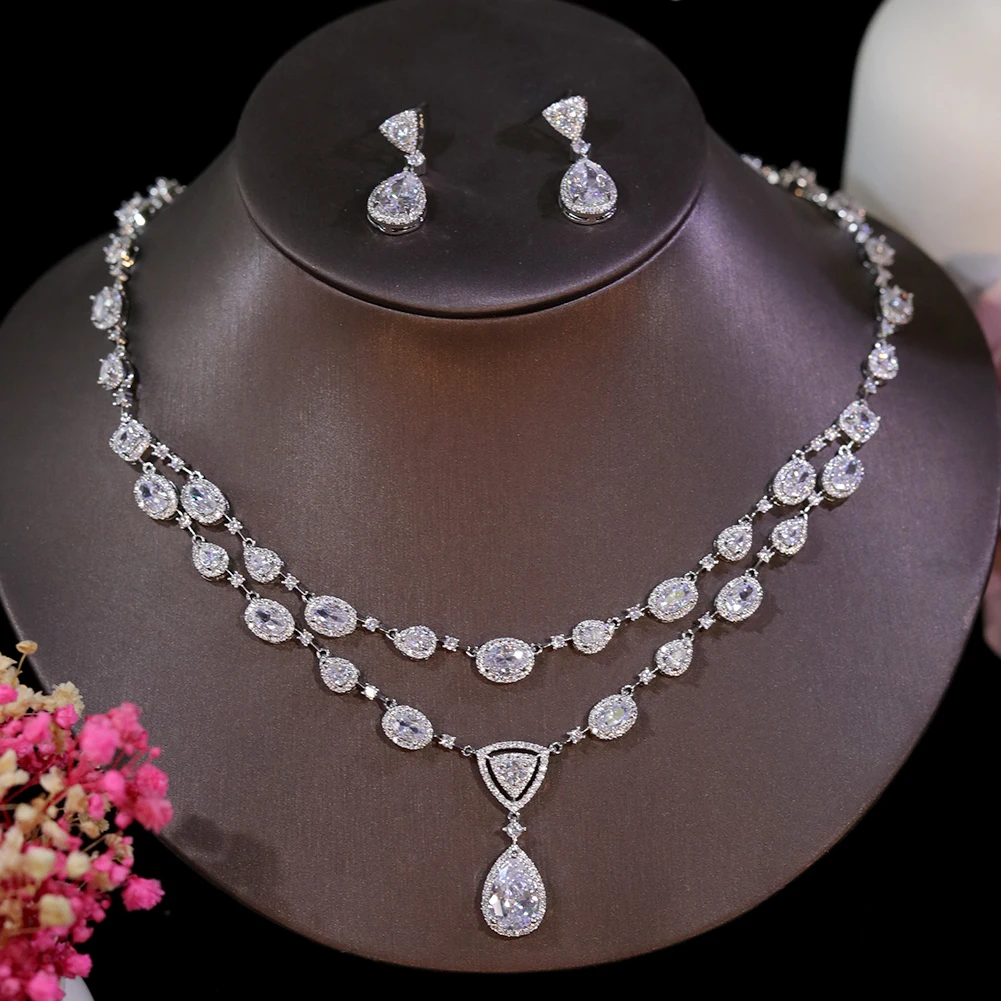 White Transparent Two-layer Water Drop 2PCS Crystal Necklace and Earring Zircon Jewelry Sets Wedding Party Bridal Accessories