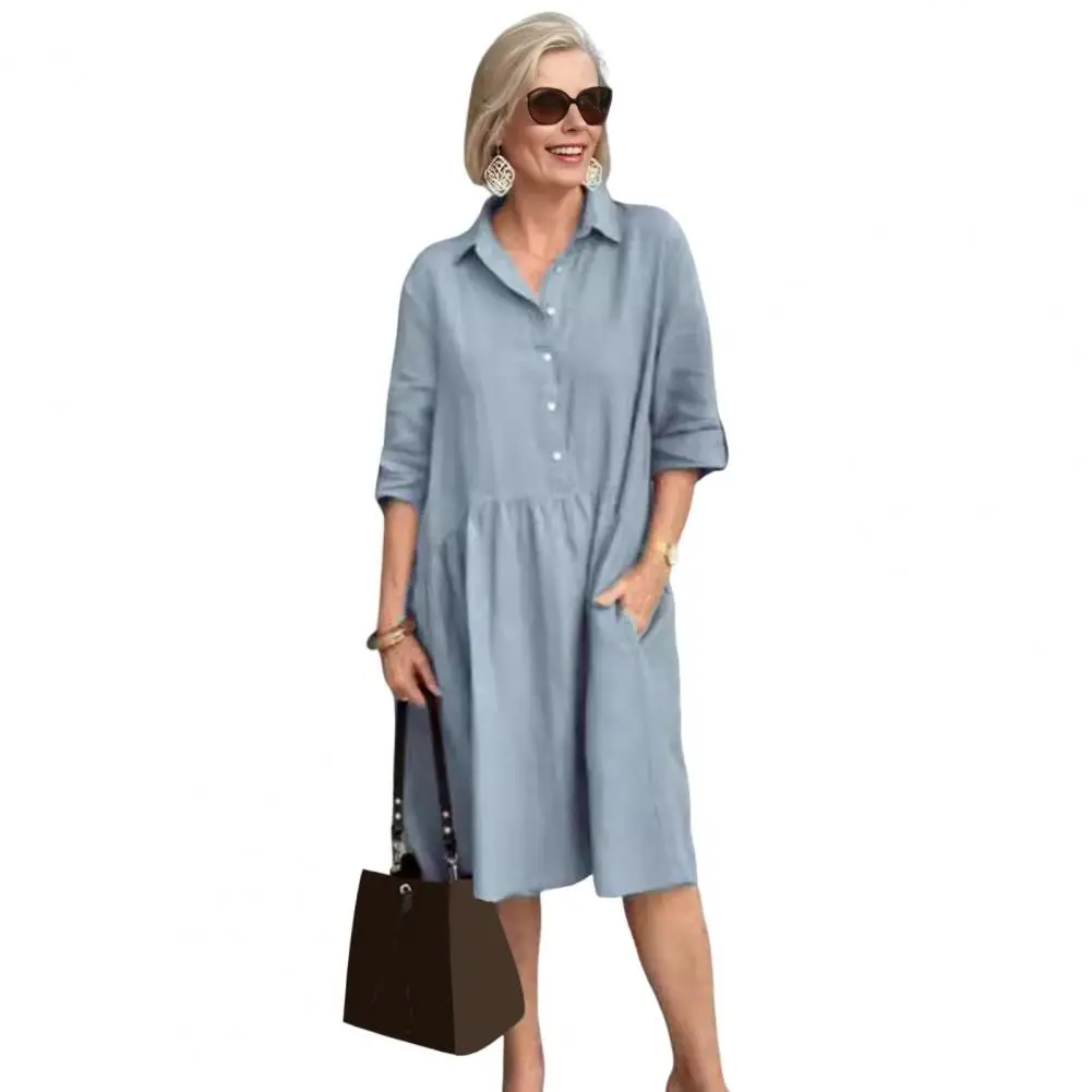 Midi Casual Dress Vintage Lapel A-line Dress with Pockets for Women Casual Summer Midi Dress for Party Travel Work Pocket Midi