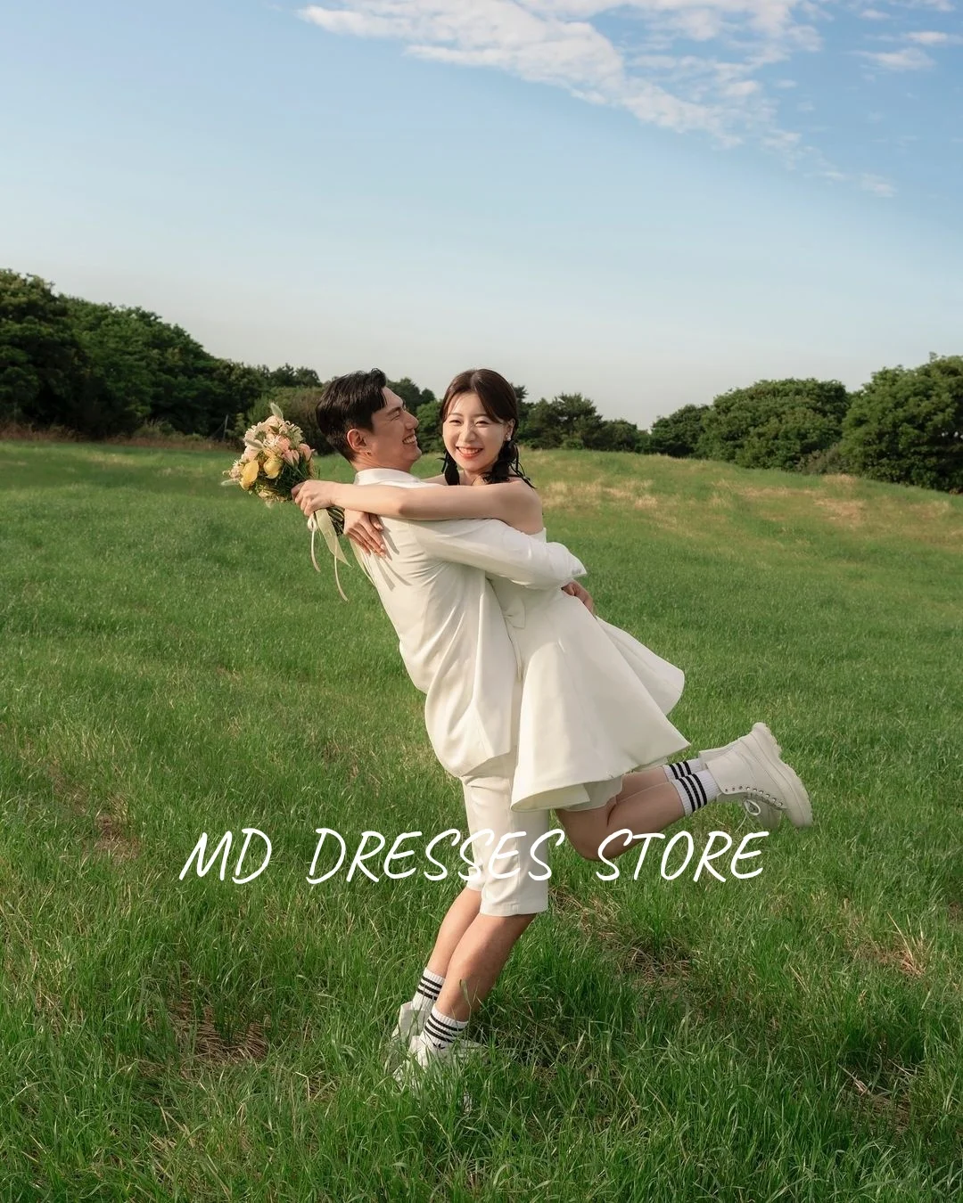 Md 2025 simlpe a linha branco vestidos de festa de casamento querida colarinho acima do joelho plissado coreia sessão de fotos vestidos de noiva personalizados