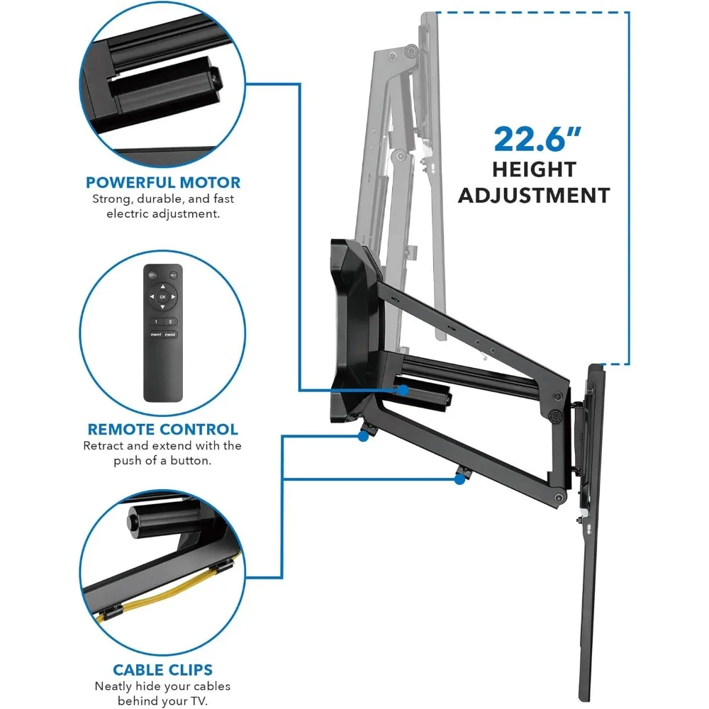 電動式暖炉テレビマウント、リモコン付き、電動プルダウン、最大77ポンドまで対応