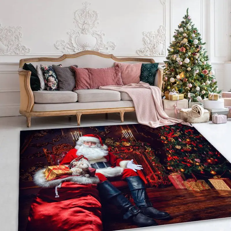 VIKAMA Red Gold Christmas Tree Sparkle Rug for Living Room, Stain Resistant Durable Holiday Floor Rug Home Decor