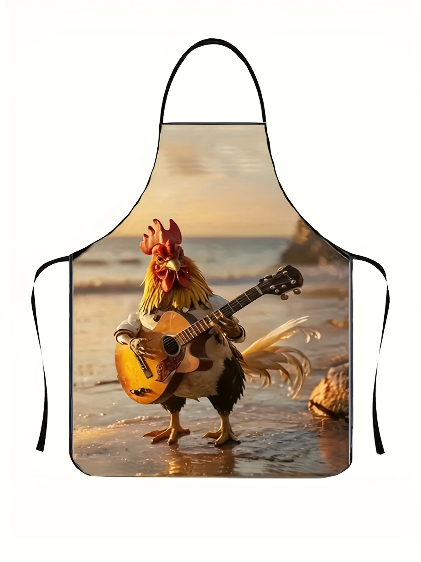 Playful Rooster Playing Guitar Print Apron Waterproof Beach Theme Kitchen Cooking Bib for Men Women Household Grilling Cover