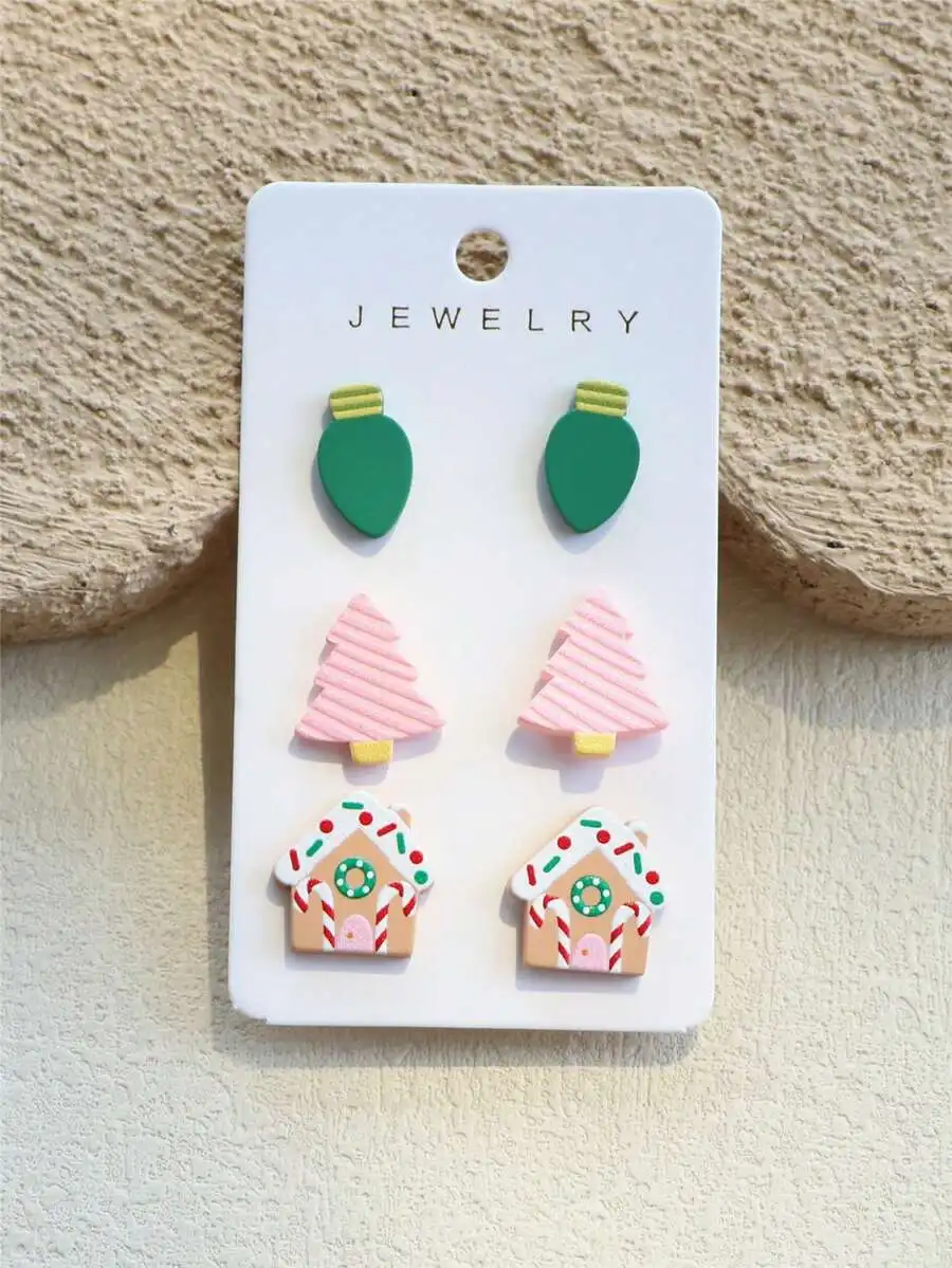 3 pares/juego de luces navideñas coloridas para mujer, árbol de Navidad rosa, estampado de casa de Papá Noel, pendientes acrílicos elegantes para fiestas navideñas