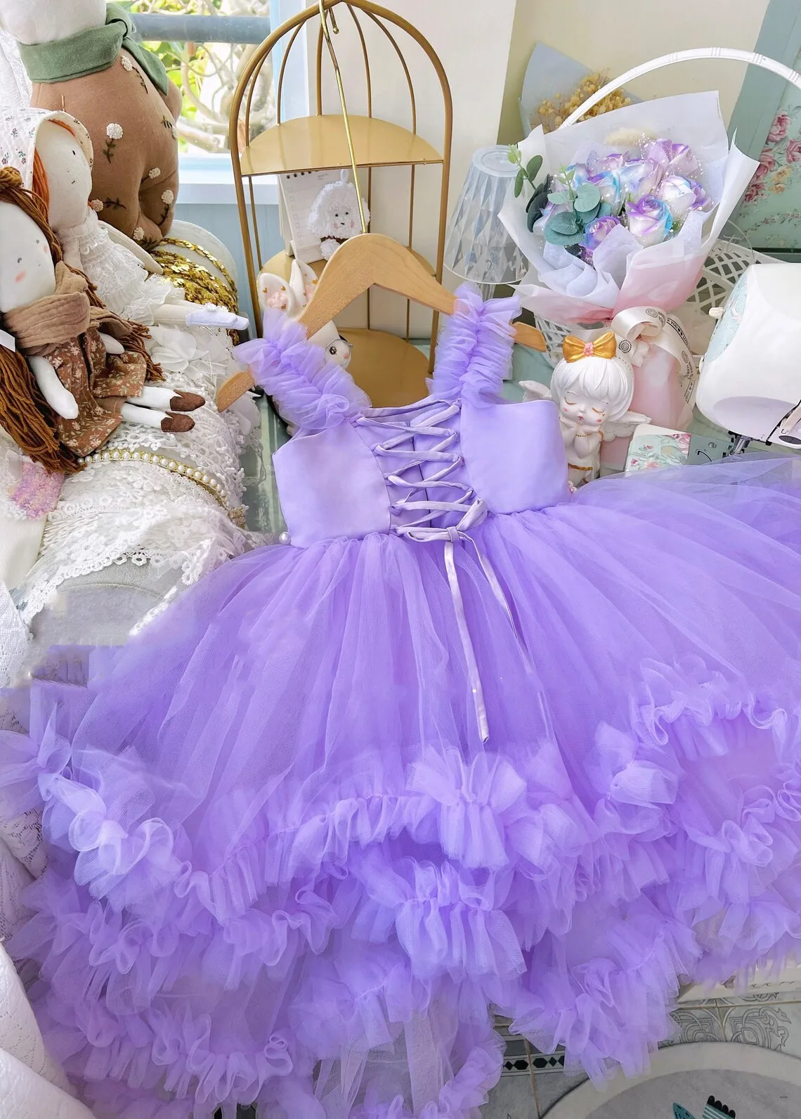 Tulle Purple Flower Girl Dresses Puffy With Pearls Ruffles Ankle Length Kids Birthday Party Suspenders Gown First Communion Wear