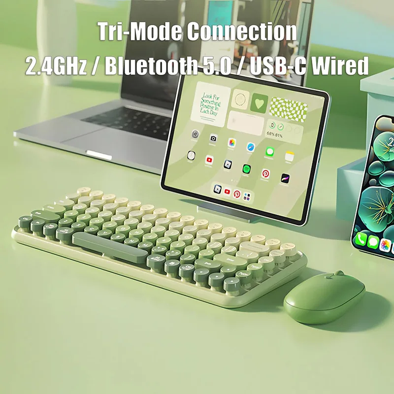 Ergonomic Bluetooth&2.4G&Wired Tri-Mode Compact Keyboard,Rechargeabe 85Key Retro Round Keycap Keyboard for Tablet/Laptop/Desktop