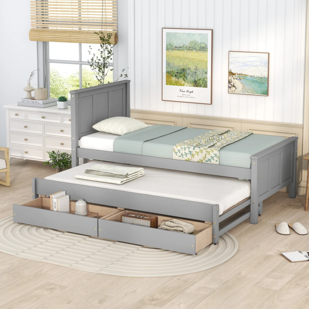 

Twin Size Platform Bed with Trundle and Drawers, Gray