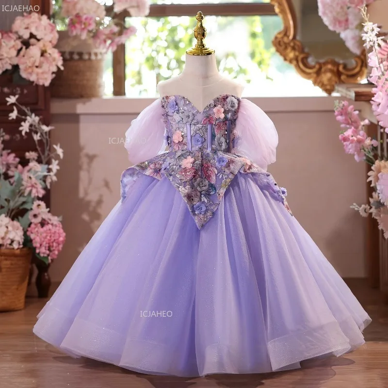 Girls Princess Party Dress Children Evening Pageant Gown Kids Piano Celebration Formal Wear Performance Host Wedding Birthday